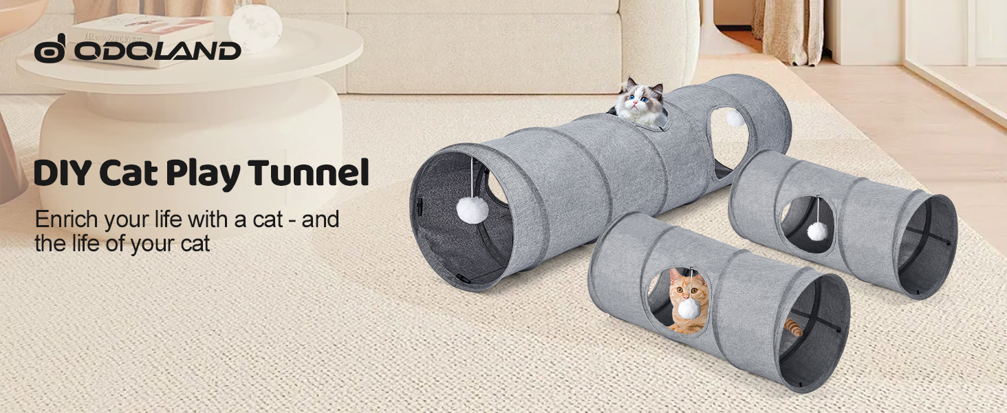Туннель для котів Odoland з льону, складаний, з м'ячиком. Іграшка для котів, цуценят та дрібних тварин. Сірий колір