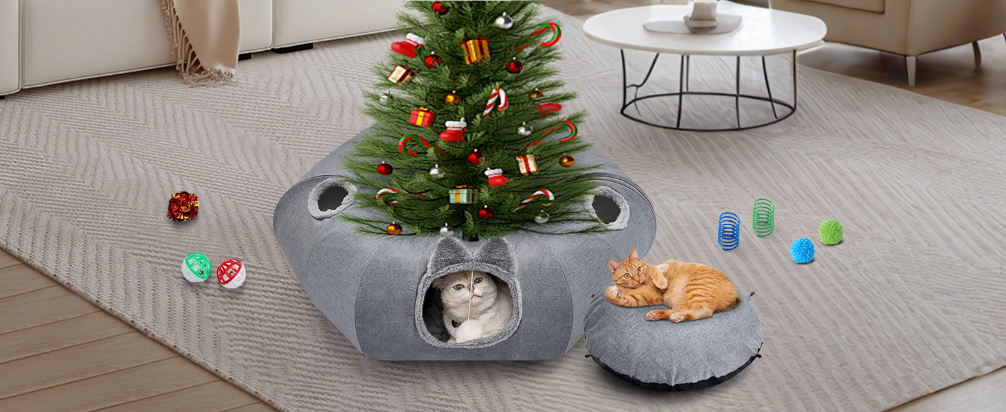 Туннель-ліжко для котів Odoland з м'яким лежком, інтерактивна іграшка з кулькою та шурхотливим тунелем для кошенят, кроликів, цуценят та інших дрібних тварин