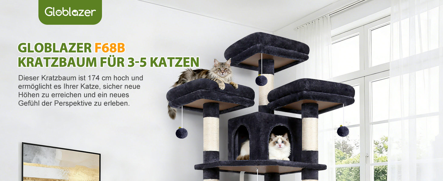 Ігровий комплекс для котів Globlazer F68B з 3 платформами та 2 будиночками, кігтеточка для 2-3 котів, 174 см, темно-сірий