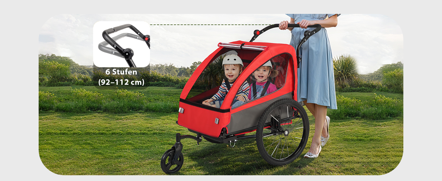 Дитячий велопричіп 2в1 з функцією візка та бігуна, амортизація, регульована ручка-штовхач та гальма, для 1-2 дітей до 40 кг (Червоний)