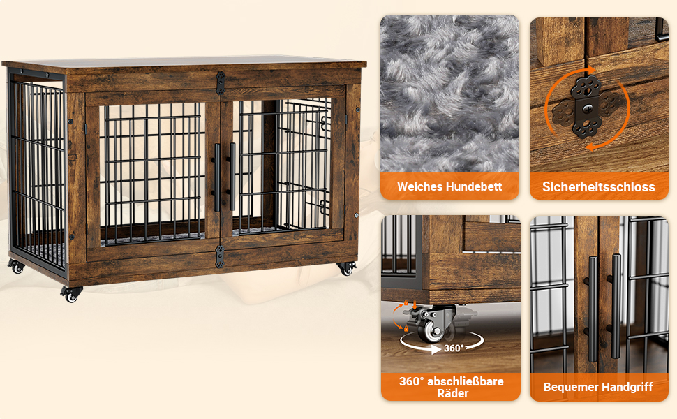 Кіяпа - Будка для собак у дім з подушкою, сучасна будка для собак з двома дверцятами та колесами, для великих собак до 70 кг, 98x64x68 см, (Рустичний коричневий, L)