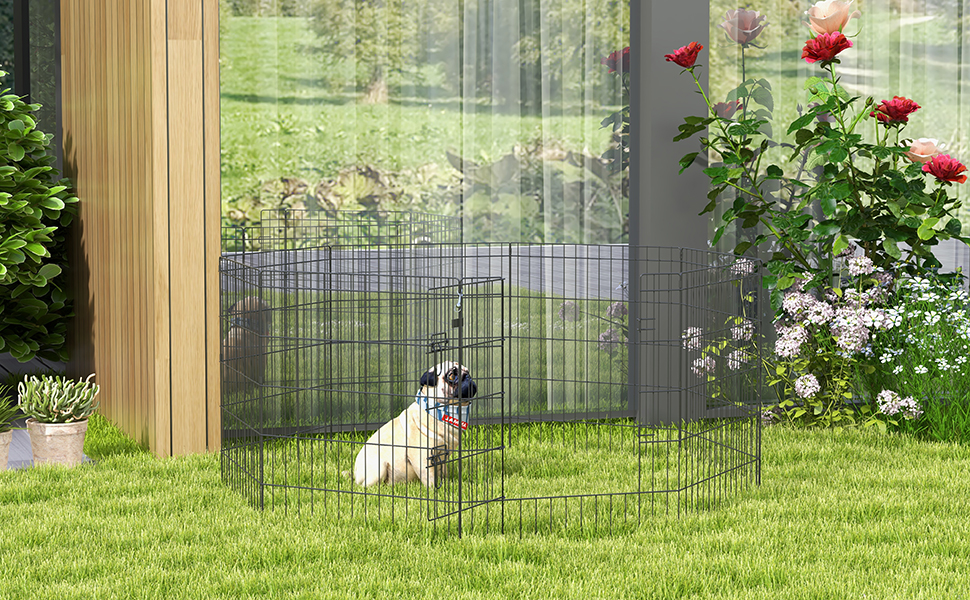 PawHut вольєр для цуценят 76 см, 8-секційний вольєр для собак з замком, DIY вольєр для собак середнього розміру, морських свинок, кроликів, метал, чорний