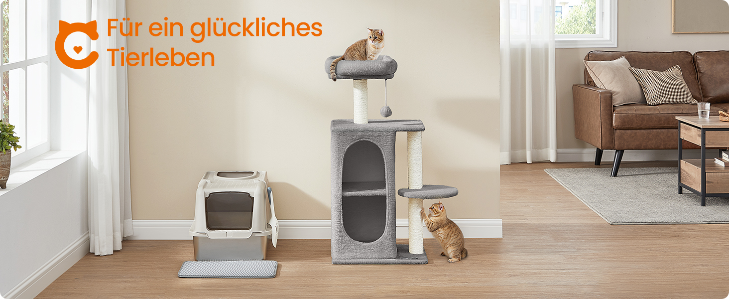 Дряпка для котів Feandrea, кігтеточка з 2 будиночками, кігтешліфувальні стовпчики, для багатокотових родин, кошенят, світло-сіра PCT005G01