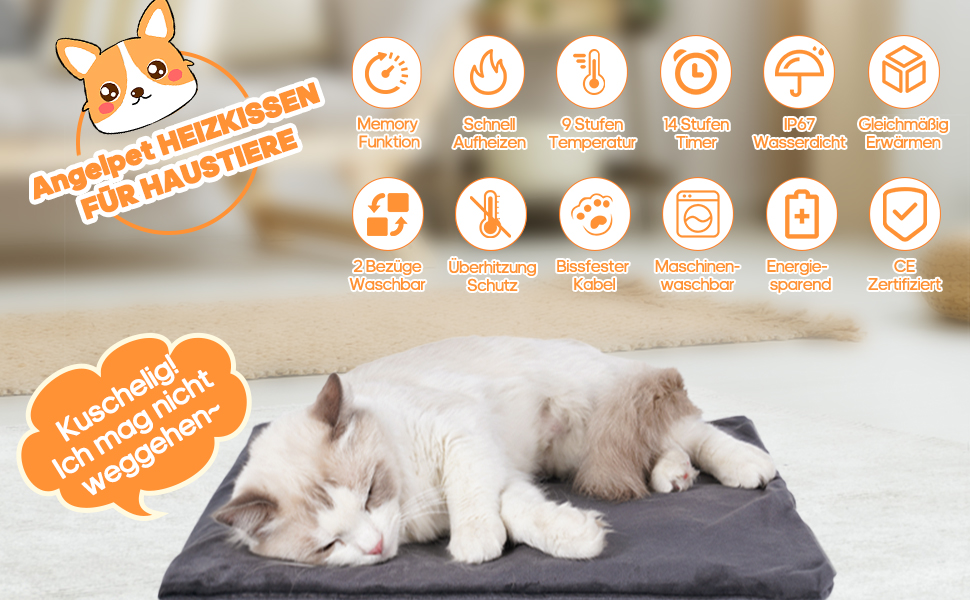 Електричний килимок для тварин 45x70 см - нагрівальний килимок для собак та котів з 9 температурними режимами (35–55℃) та таймером, бісостійкий кабель 1.8 м, 2 знімні чохли