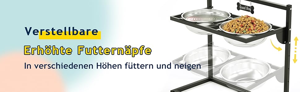 Підвищена годівниця для собак Eaninaz з регулюванням висоти, нахил 10°, 2 нержавіючі миски (1,5 x 2) та безпечна килимок, стабільний підставник для миски (XL)