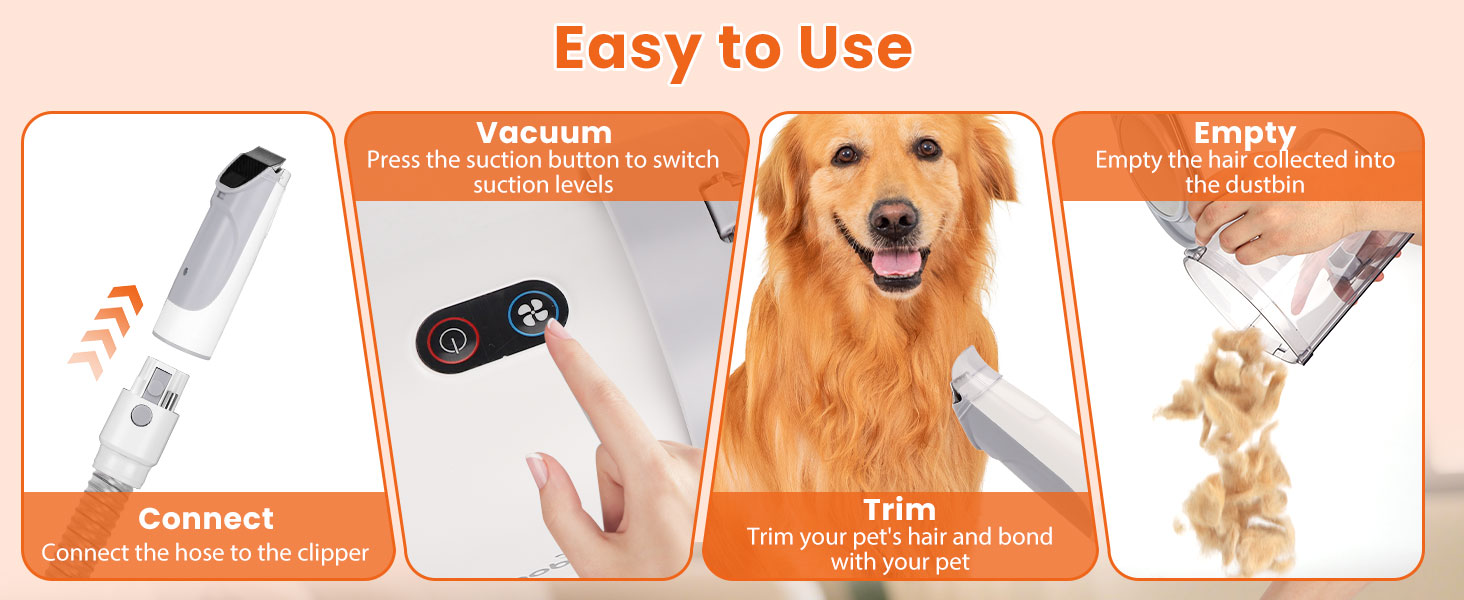 Машинка для стрижки собак Nobleza з пилососом, потужність 12000 Па, видаляє 99.99% шерсті, тиха, для собак та котів, 7 насадок, об'єм контейнера 2.5 л