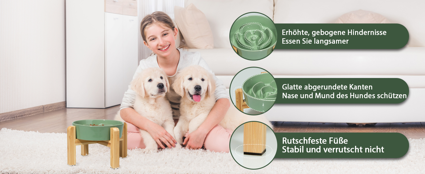 Миска для собак Antischlingnapf Keramik Erhöшена - керамічна миска для собак на бамбуковому підставці - миска для повільного годування - для маленьких та середніх собак - біла - діаметр 17 см
