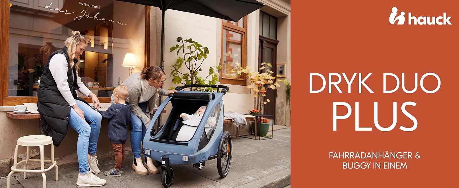 Дитячий велопричіп-коляска Hauck Dryk Duo Plus для 2 дітей (6-48 місяців), з амортизацією, складна, з LED-ліхтарем та великим багажником (Dark Green)