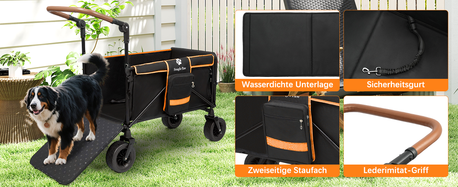 Візок для собак Snagle Paw з заднім люком та рампою, великий, складний, для великих та середніх собак, з регульованою ручкою та стоянковим гальмом, 4 колеса для прогулянок, джоггінгу, подорожей, до 90 кг, чорний/помаранчевий