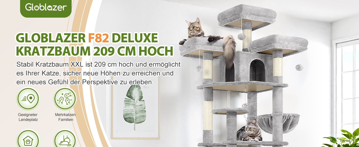 Драбина-кіготь Globlazer XXL 209 см з 3 м'якими стійками, 2 будиночками, 2 кошиками, великою платформою та іграшками для котів. Стабільна, для 3-5 котів.