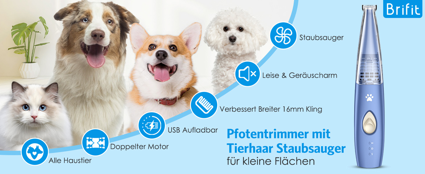 Триммер для собак та котів 2-в-1 з пилососом Brifit, USB, для догляду за лапами, вухами, очима та обличчям