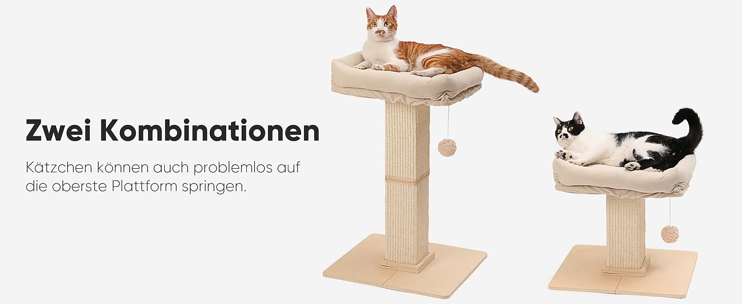 Котячий будиночок FUKUMARU з подряпуванням, 73 см, бежевий. Високий кігтетопор з платформою 46x36 см, з місцем для відпочинку, з натурального сизалю та масивного дерева.