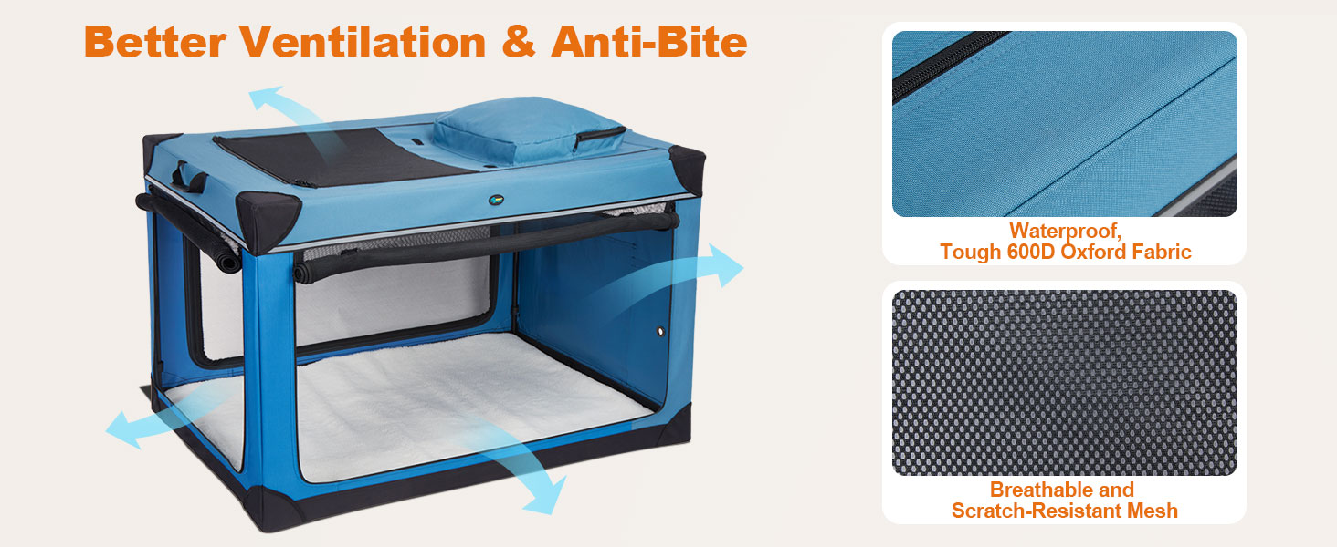 Складаний переносний вольєр для собак Ownpets XXL (122 см), блакитно-чорний, з м'якою підстилкою та міцними сітчастими вікнами