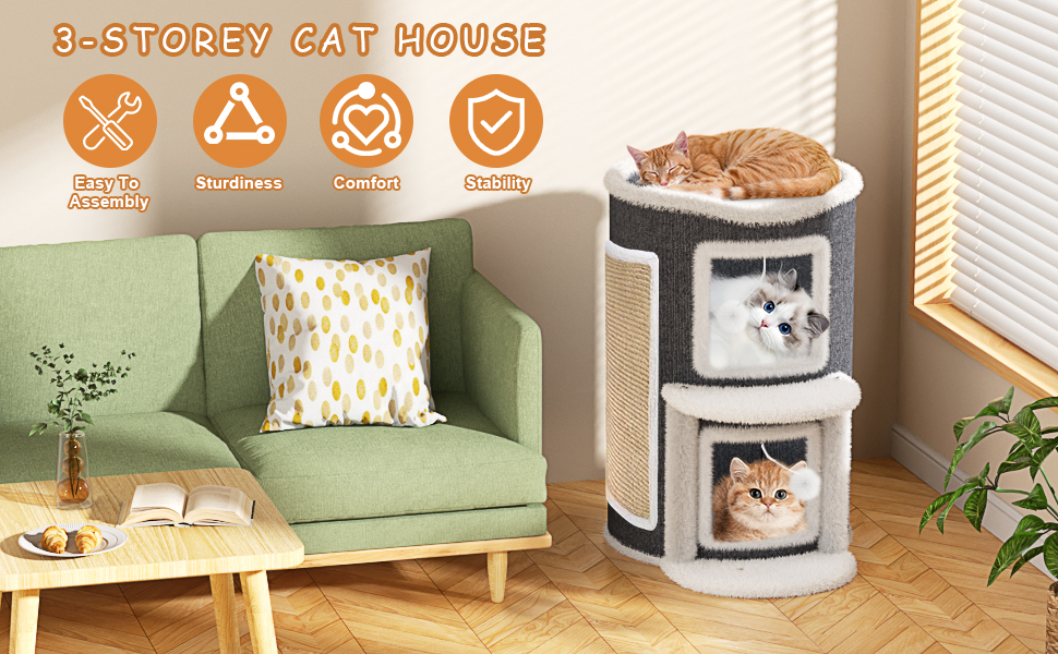 Двоповерхова кімната-будиночок для котів з когтеточкою, платформа та іграшкою, 60x40x40 см / 40x40x60 см