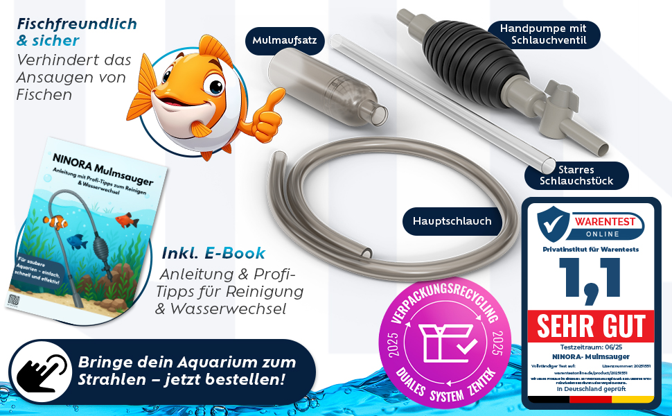 Нінора® Мульмсмукач для акваріума – очищувач ґрунту, заміна води з насосом та шланговим клапаном | Безпечний для риб, без хімії | Для малих та великих акваріумів | Аксесуари для акваріума з електронною книгою