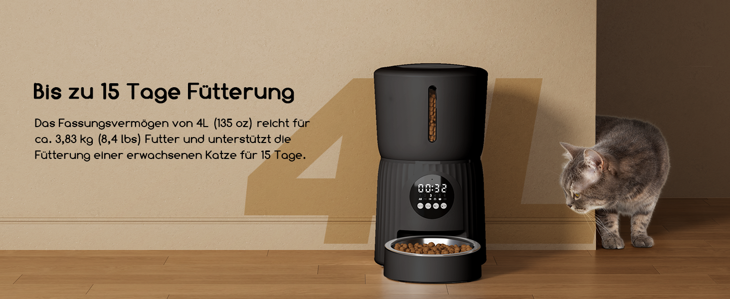 Автомат годівлі для котів Faroro 4L, програмований, з контролем порцій, 10 сек. голосових повідомлень, чорний