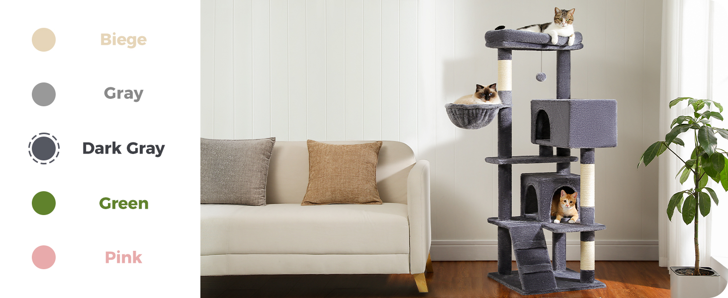 Кігтеточка PETEPELA 143 см з подушкою, кігтеточними стовпчиками, двоповерховим будиночком для котів – велика, зелена (темно-сіра)