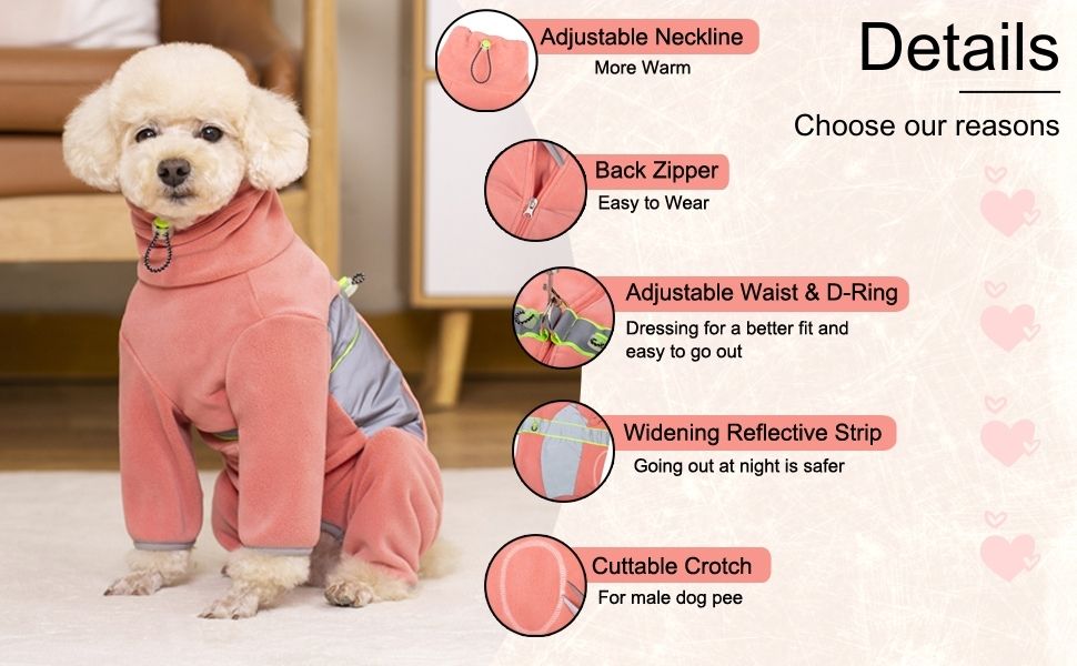 Флісова тепла куртка для собак на зиму, Onesie для цуценят з регульованою талією, D-кільцем та світловідбиваючими смугами, теплий одяг для малих та середніх собак, розмір L: Обхват грудей: 48 см, Довжина спини: 33 см, Voilett