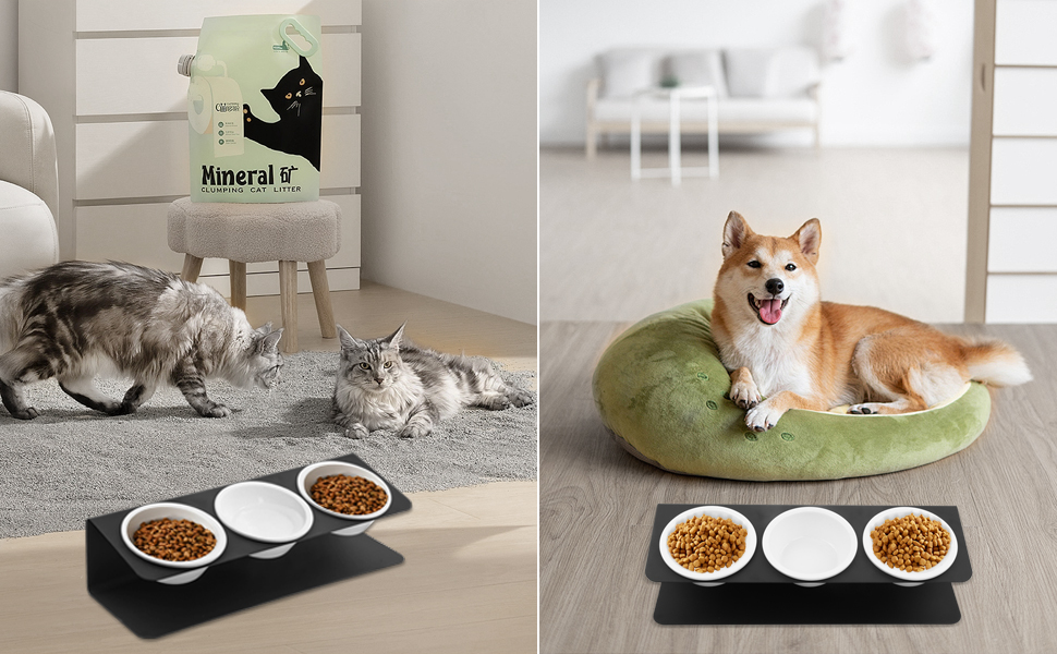 Набір мисок для котів та собак 3 шт. з підняттям, 300 мл, кераміка, 43x14,5x11 см