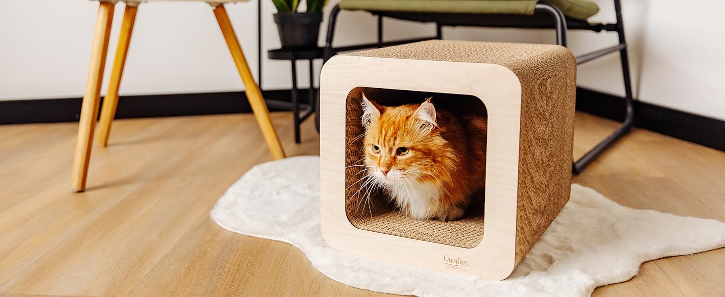 Кігтеточка для котів з картону | Міцна, велика, 2в1 з будиночком | 37 x 30 x 30 см