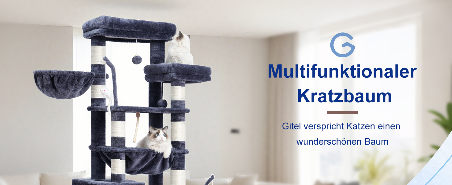 Великий котячий будиночок Kratzbaum GCT031W: 200 см, сірий, з платформами, гамаком та сизалевими стовпчиками для дому