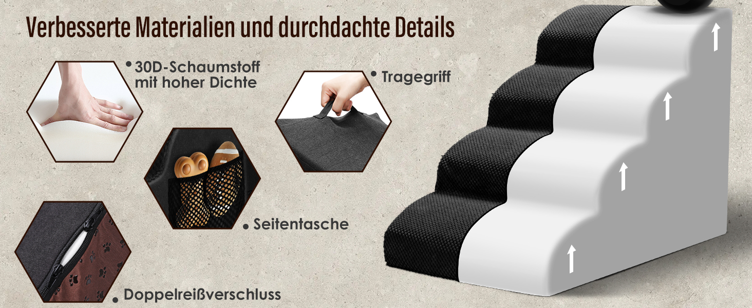 Сходинки для собак, 4 сходинки, знімний поручень, антиковзка поверхня, для ліжка та дивану, з високощільним губчастим наповнювачем (Чорний)