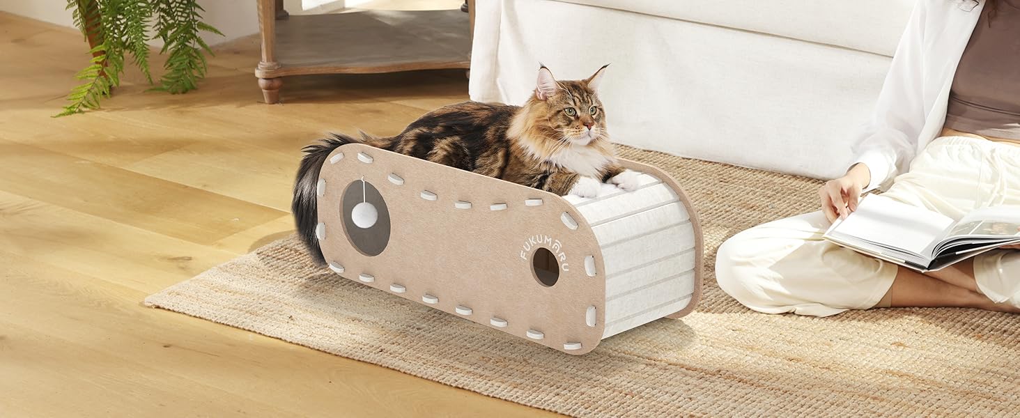 Кішка Будиночок FUKUMARU: Двошарове ліжко-печера з філцу, beige