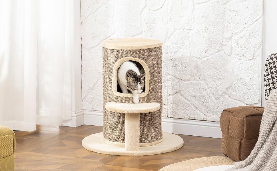 Кігтеточка PawHut для котів, 61 см, кігтеточний тунель з 2 печерами, стрибкова платформа, кігтеточний комплекс з сизалю та плюшу, для маленьких котів, бежевий