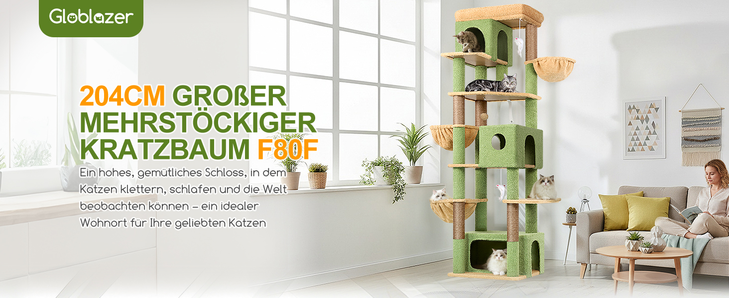 Драбина для котів Globlazer 204 см з 3 будиночками, 2 великими платформами, 3 м'якими кошиками, стабільна, для 3-5 котів, відпочинок, ігри, дряпання, зелений (XXL)