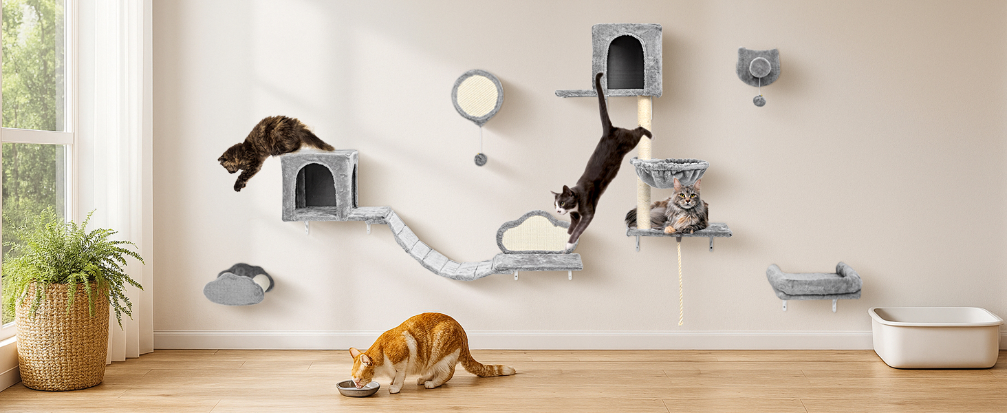 Комплекс для котів BYBYME з гамаком, ліжком та високими полицями, 6 предметів. Міцний, з плюшем, сизалевим покриттям та крізьовим покриттям. Для кількох котів. (Світло-сірий)