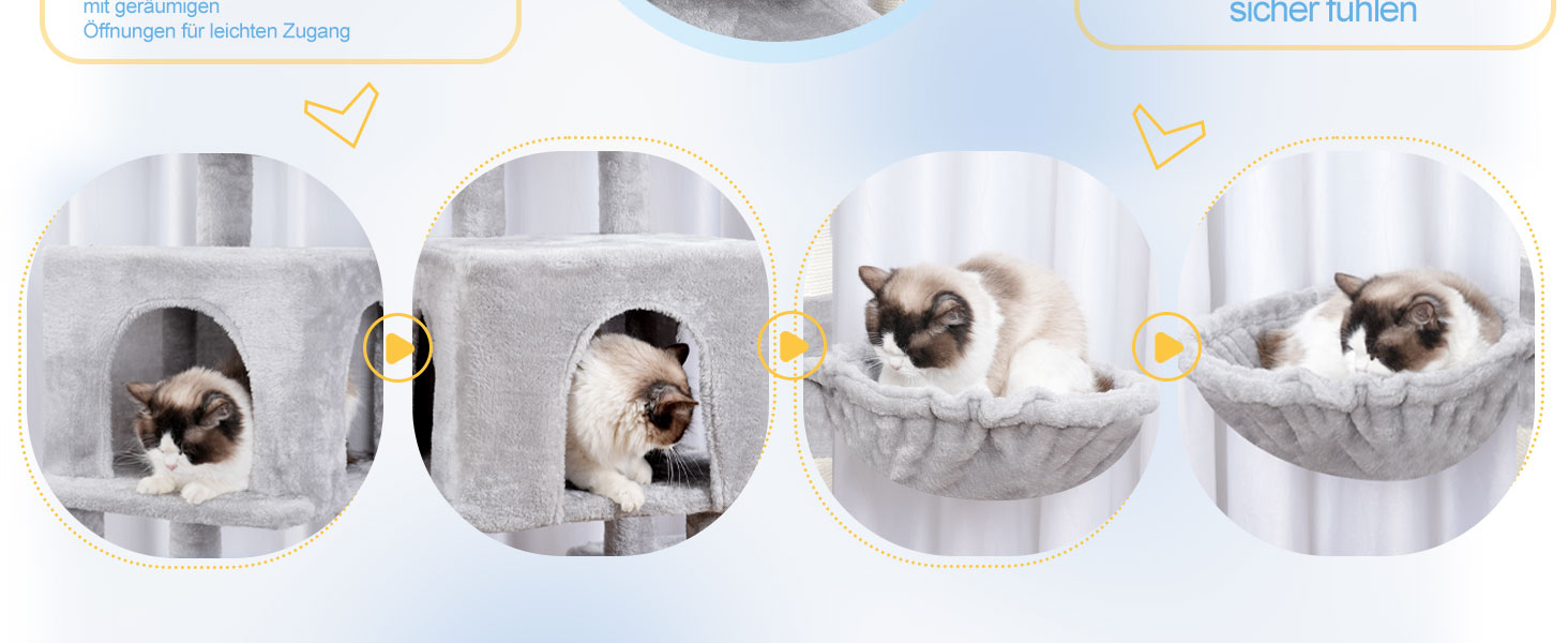 Котячий будиночок Hey-brother XXL для великих котів, 180 см, сірий, з 3 платформами, 2 кошиками та великою печерою