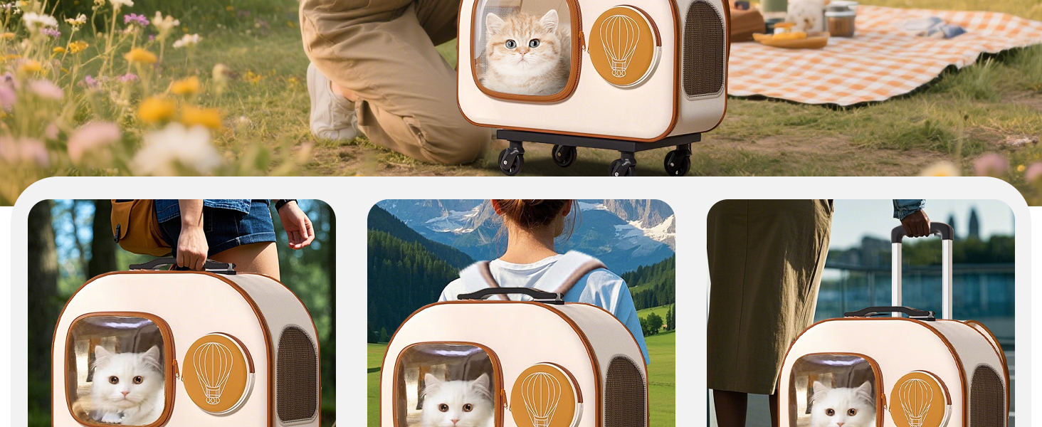 PETCUTE Рюкзак-переноска для собак та котів з колесами, складаний, з внутрішнім страхувальним ремінцем, дихаючий, для маленьких собак та середніх котів, бежевий