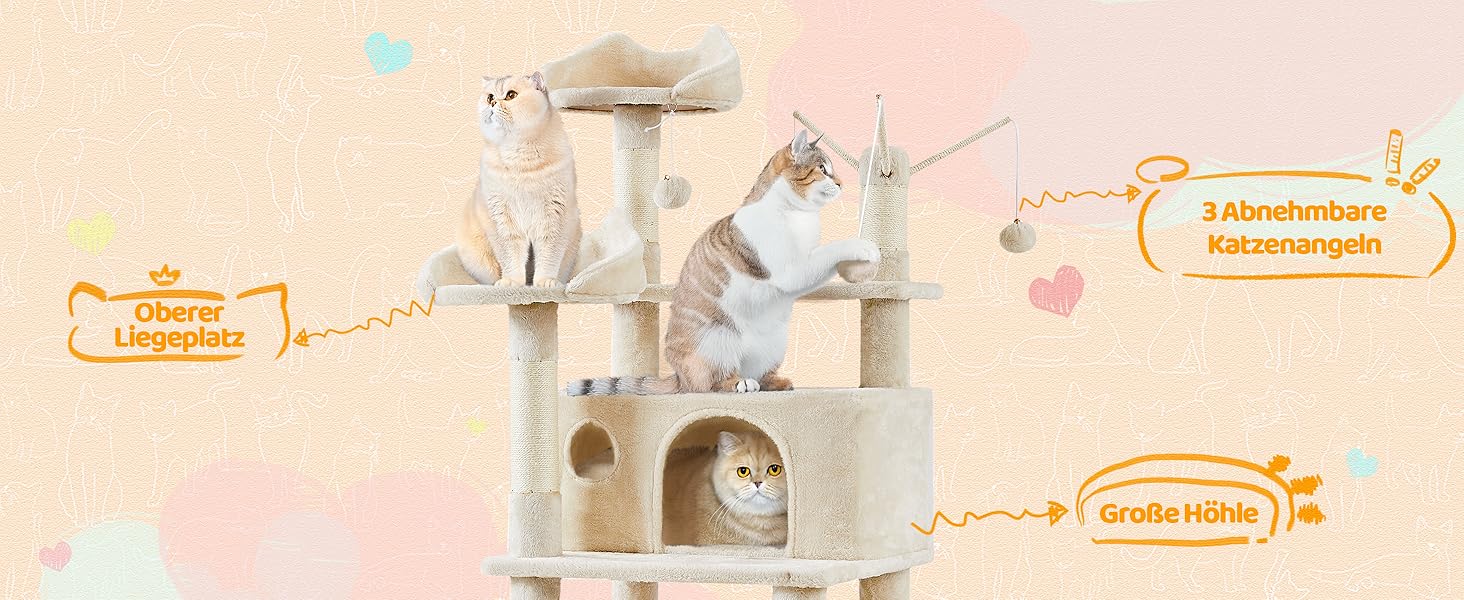 Котячий будиночок Yaheetech 170 см XL: кігтеточка, ліжко, гамак, іграшки, бежевий