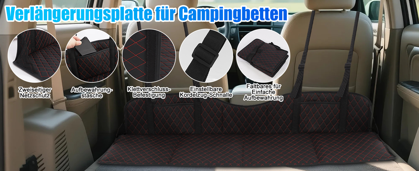Розширювач сидіння заднього ряду авто, розкладний килимок-матрац для заднього сидіння, портативна платформа для кемпінгу та сну, універсальний для SUV, MPV та компактних авто (Чорний, Шкіра)