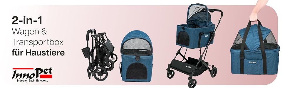 Візок для собак та котів Innopet 2-в-1 - компактний, складаний, з переноскою та підставкою для авто - до 20 кг