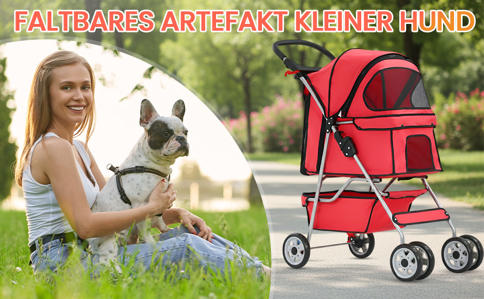 Візок для собак FDW, складний, для котів та собак з обертовими колесами на 360°, з кошиком для зберігання, подушкою та сітчастими віконцями, тримачем для напоїв, до 15 кг, червоний