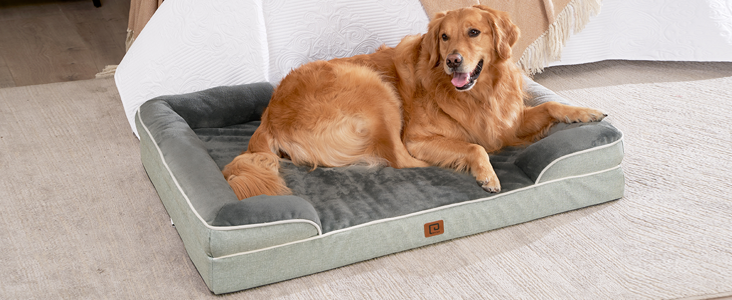 Ортопедичне ліжко для собак EHEYCIGA, великі породи, 112x81 см, кошик для собак з Memory Foam, XL, водовідштовхувальне, неслизьке, з високим бортиком, сіро-зелене