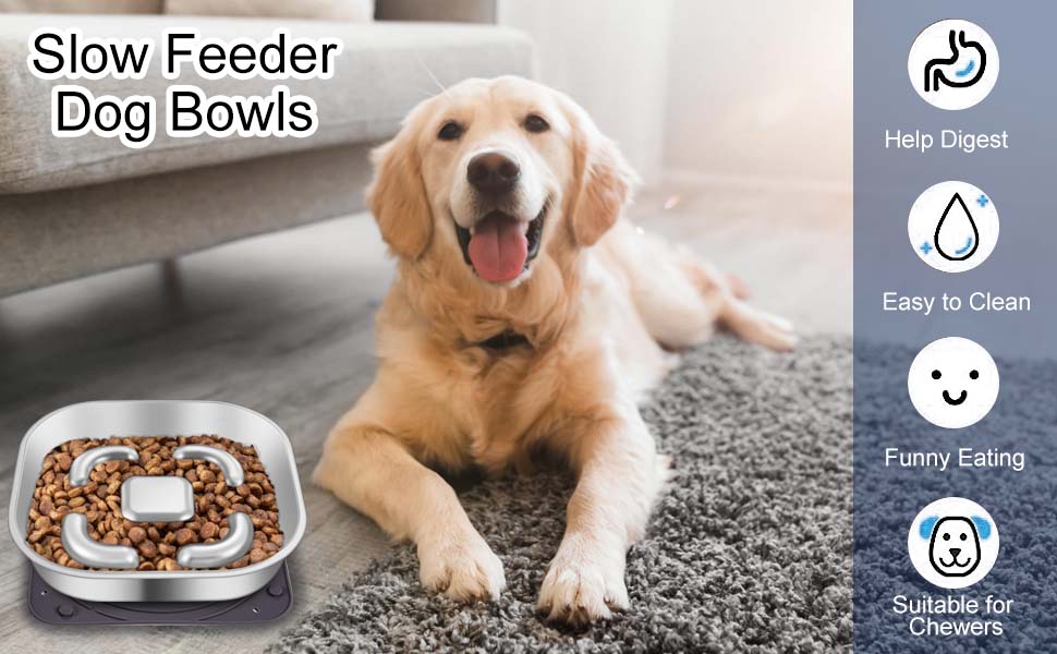 Антишвидковідхарчувальний напувалка для собак, нержавіюча сталь, Slow Feeder, з антиковзним силіконовим килимком, миска для корму для собак великих та малих порід, котів