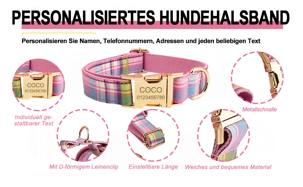 Персоналізоване собаче ошийник з металевою застібкою, двостороннє оксамитове ошийник з іменем та номером телефону, регульовані розміри для малих, середніх та великих собак (тартан)