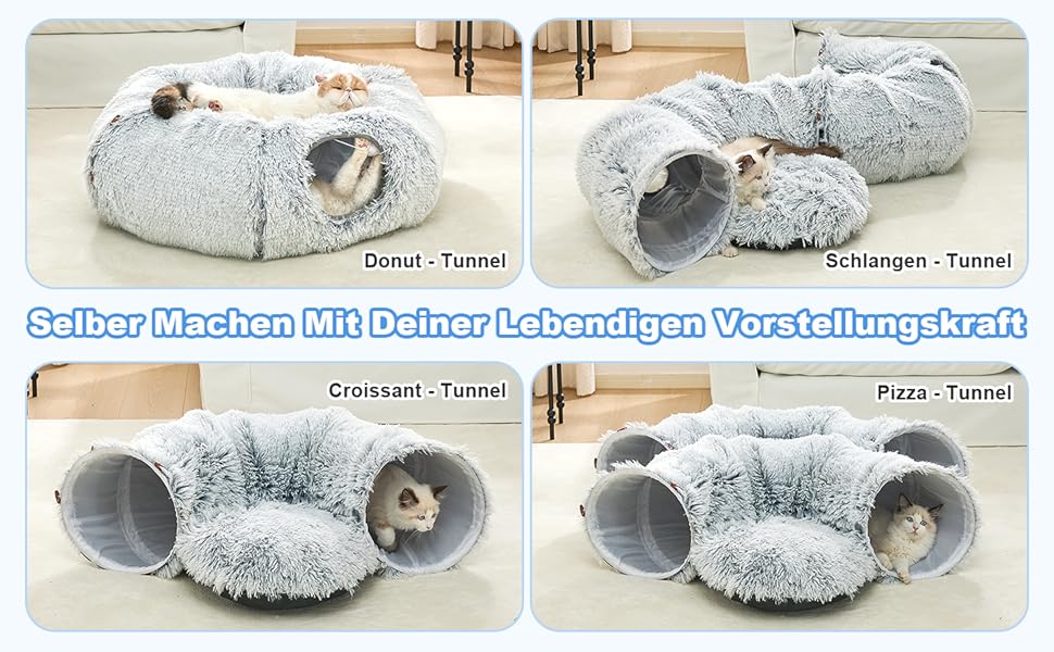 Туннель-іграшка для котів Jiupety з місцем для сну, великий, сірий, з підвісними кульками