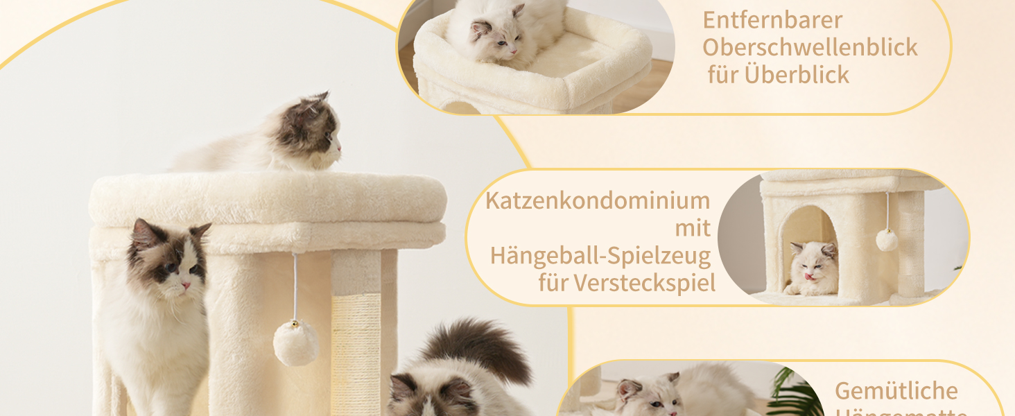 Кігтеточка для котів Heybly Kratzbaum 75 см з платформою, печерою, гамаком, драбиною та іграшками, бежева HCT009SM