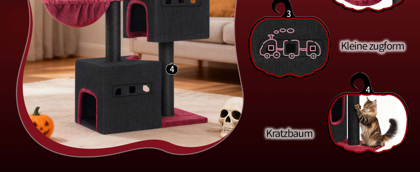 Дерево для кігтів Hzuaneri, 98 см, зі стійкою основою, з лежаком, будиночком для котів, сизалевими стовпчиками, кошиком та іграшками, меблі для котів, ігровий комплекс, MS07618LG (55 x 30 x 98 см, Чорний/Червоний)
