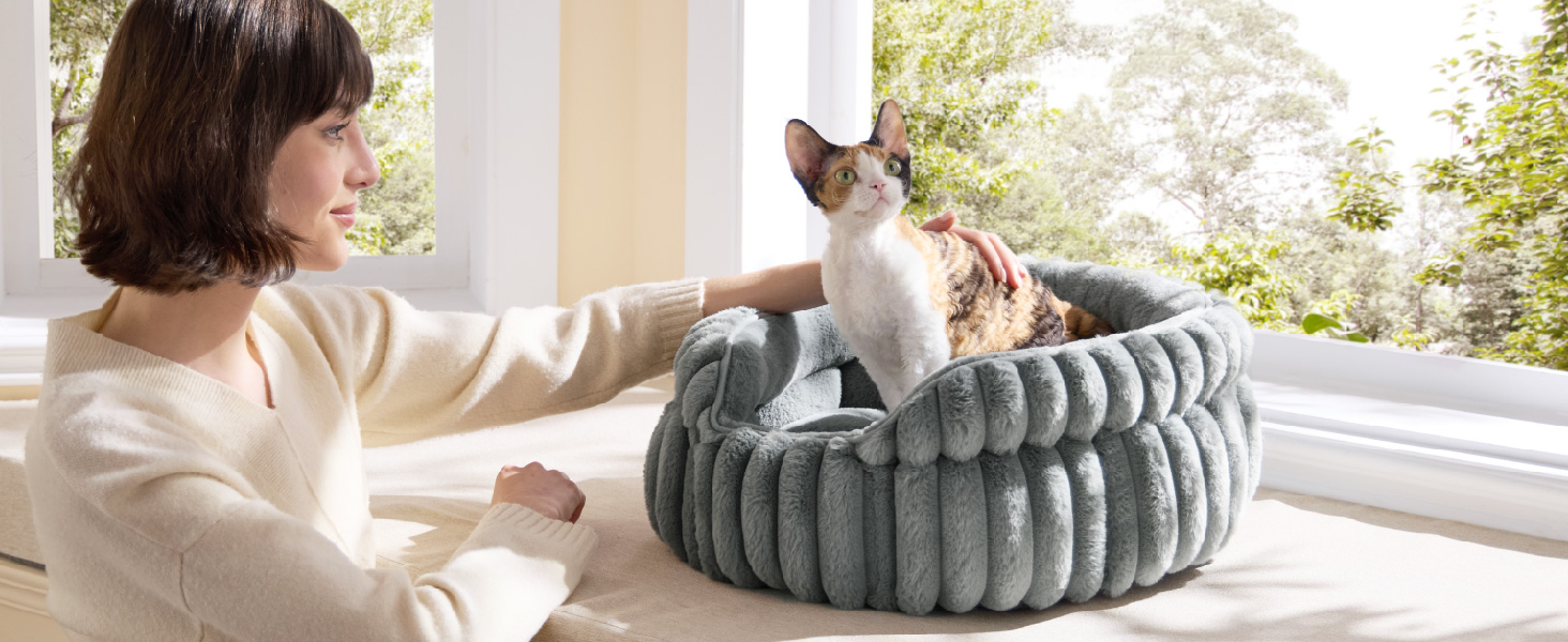 Ліжко для котів BEDSURE кругле, 51x51 см, сіре - м'яке, знімний килимок, нековзне дно, для кошенят та цуценят