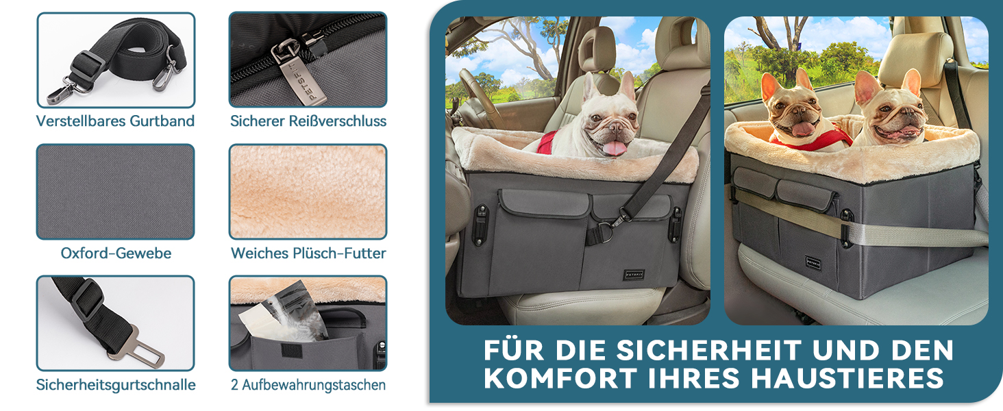 Автокрісло для собак Petsfit - сіре, M - для середніх та 2 маленьких собак