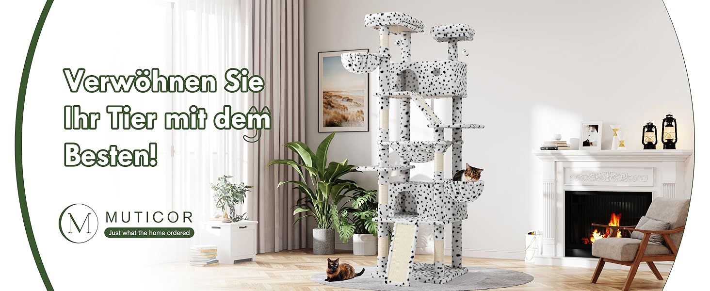 Кігтеточка MUTICOR велика, 206 см, багатоярусна, для великих котів, з лежаком-гамаком, широка база (білий та чорний)