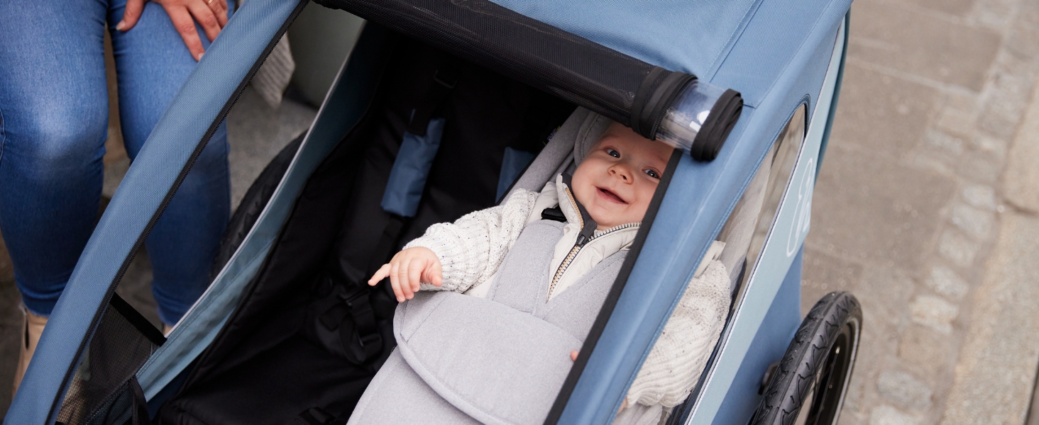 Фahrра-причіп Hauck Dryk Duo Plus Set для 2 дітей з люлькою, тентом та дощем. Складається, з підвіскою та функцією коляски, темно-синій