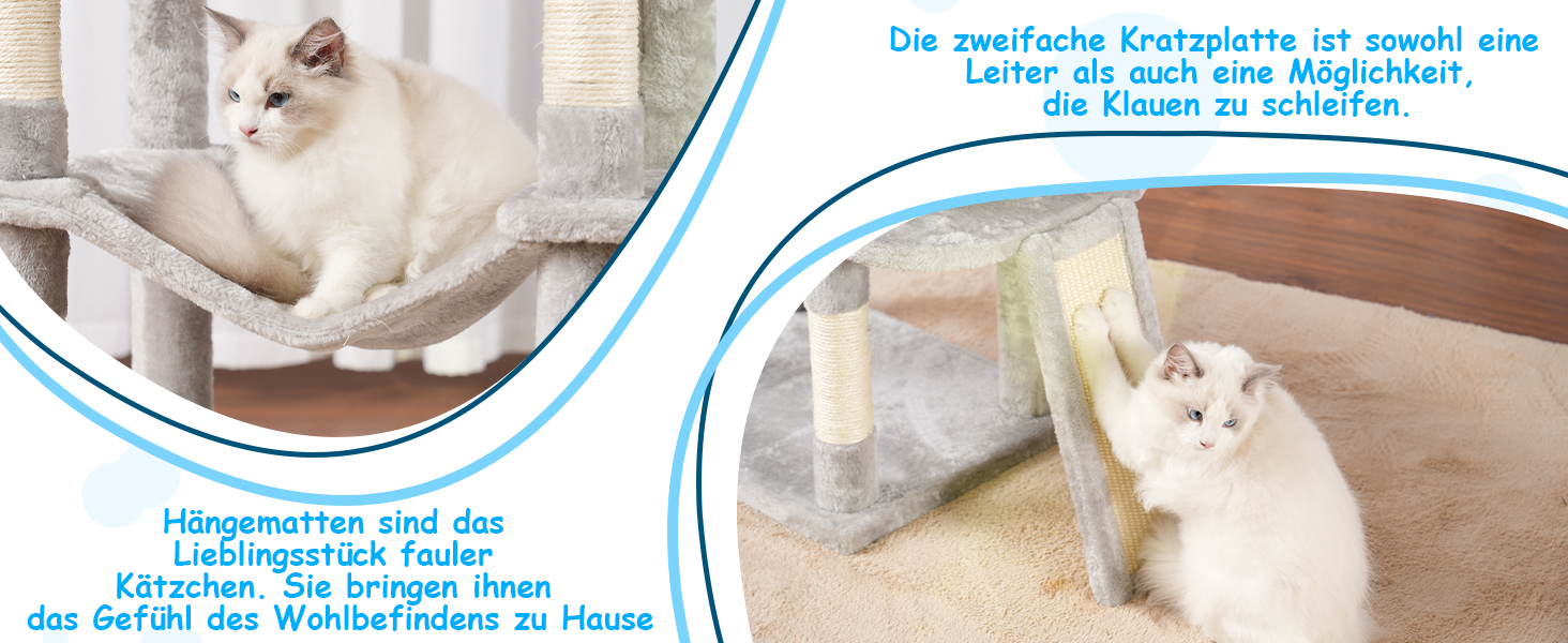 Багатоярусний котячий будиночок Hey-brother Kratzbaum, 175 см, сірий. З платформами, гамаком, печерами, котячими будиночками, дряпалкою та іграшкою. Модель EMPJ037W