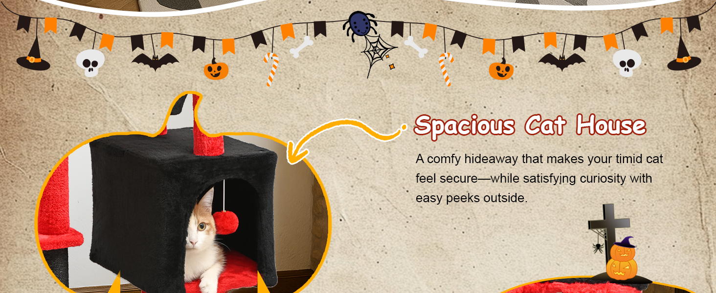 Драбинка для котів BYBYME у готичному стилі на Halloween, 168 см, стійкий комплект котячих меблів з ліжком, будиночком, гамаком та стовпчиками для шліфування кігтів (чорно-червоний), підлоговий