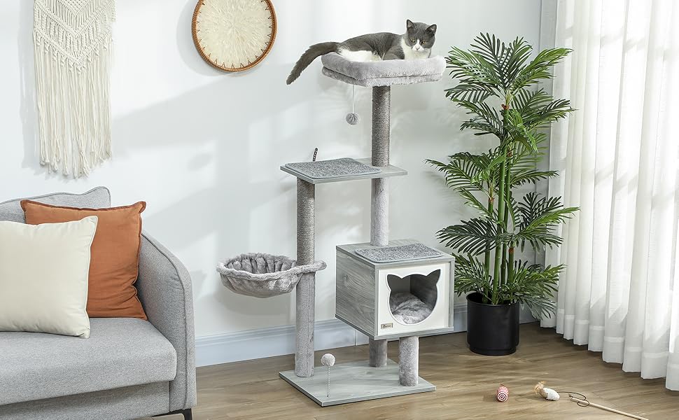 Дерев'яний комплекс для котів PawHut з гамаком, корзиною та подушками, 126 см, сіра колірна гама