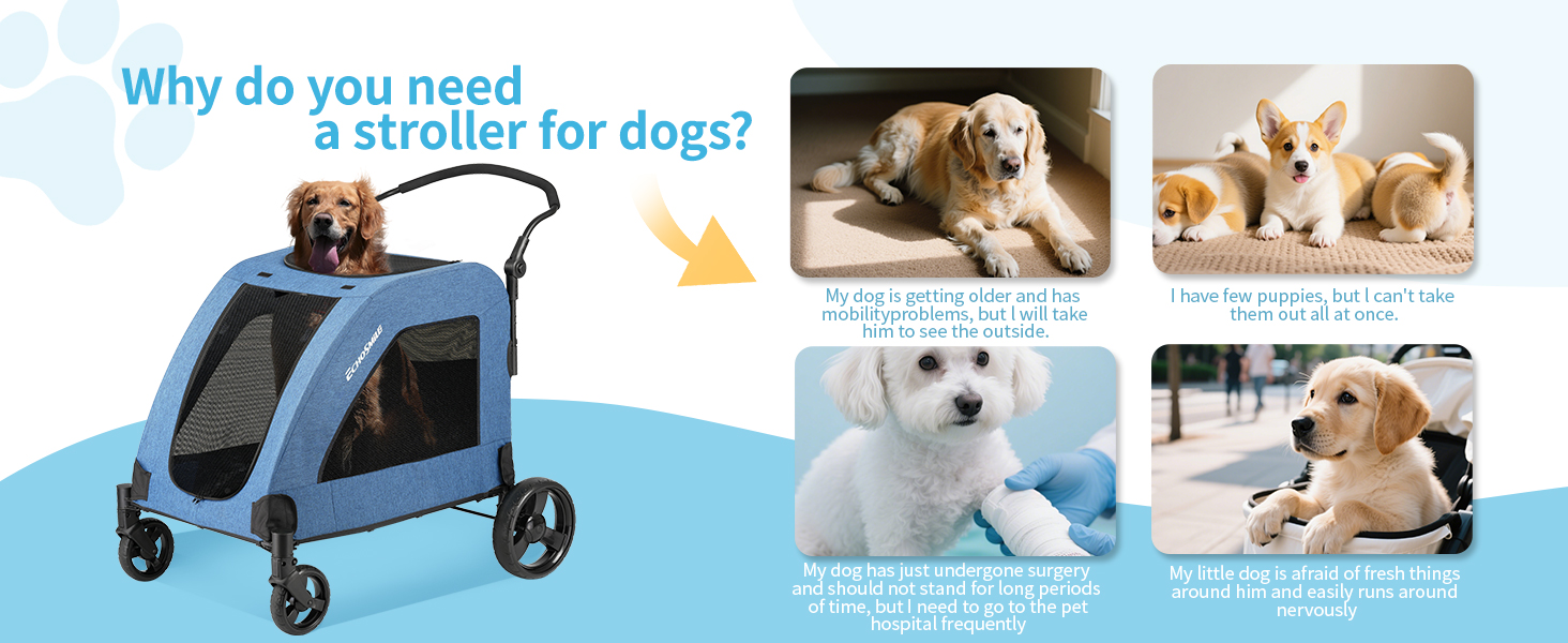 Візок для собак EchoSmile, середній та великий розмір, до 70 кг, складаний, з сітковими вікнами, регульована ручка, 4 проходимі колеса (блакитний)